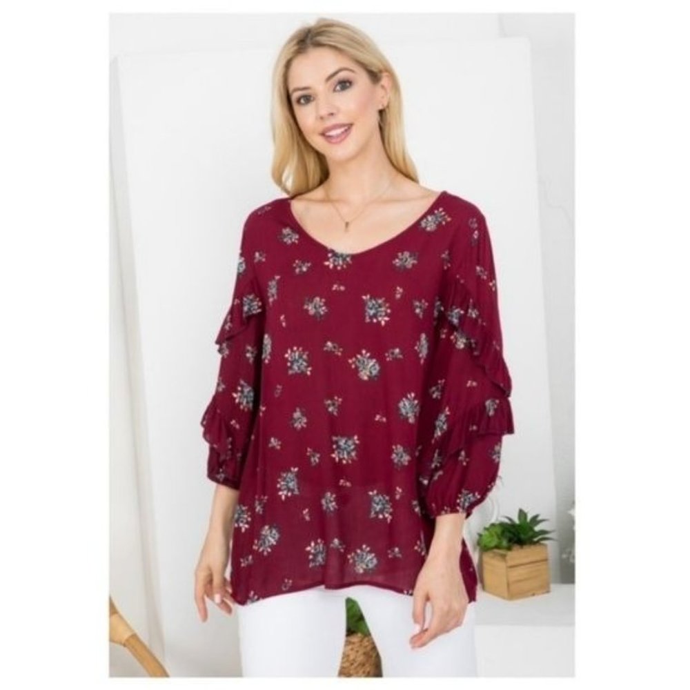 🧡6/$25🧡BURGUNDY FLORAL TOP W/SCOOP NECK-NEW - Picture 2 of 6